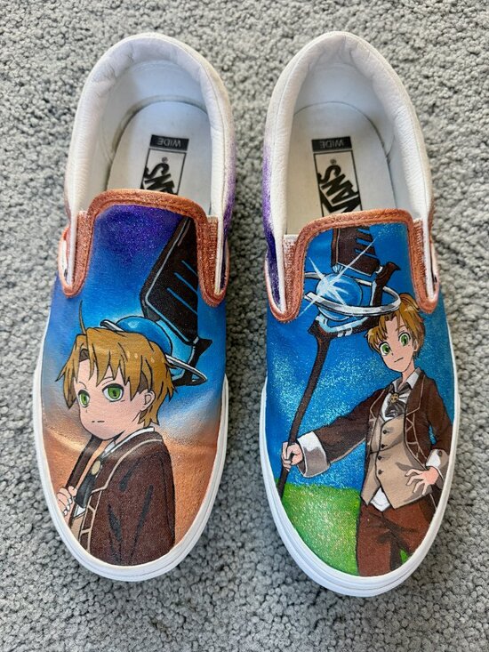Vans - Custom Paint by McCoy Other - Custom Hand-Painted Vans Slip-On Wide Shoes - Mushoku Tensei Rudeus Anime Men 11